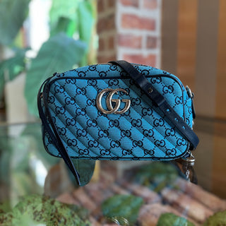 GUCCI Marmont Small Camera Blue GG Diagonal Quilted Canvas Crossbody Bag