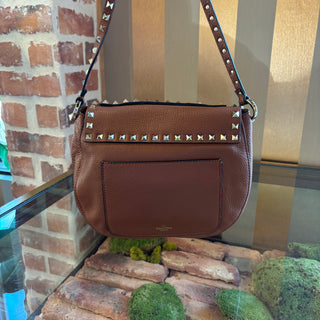 VALENTINO Brown Leather Rockstud Flap Crossbody
