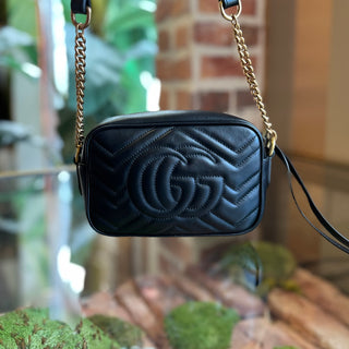 GUCCI Marmont Mini Black Chevron Calfskin Leather Camera Crossbody