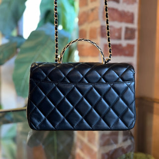 CHANEL Twist Flap Black Lambskin Metal Quilted Chain Top Handle Bag