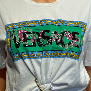 VERSACE Logo Printed Sequin Embellished Saftey Pin Crop Top SZL
