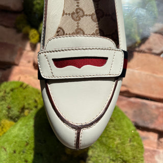 GUCCI White Leather Blue/Red Web Stripe Heeled Loafers SZ 8.5