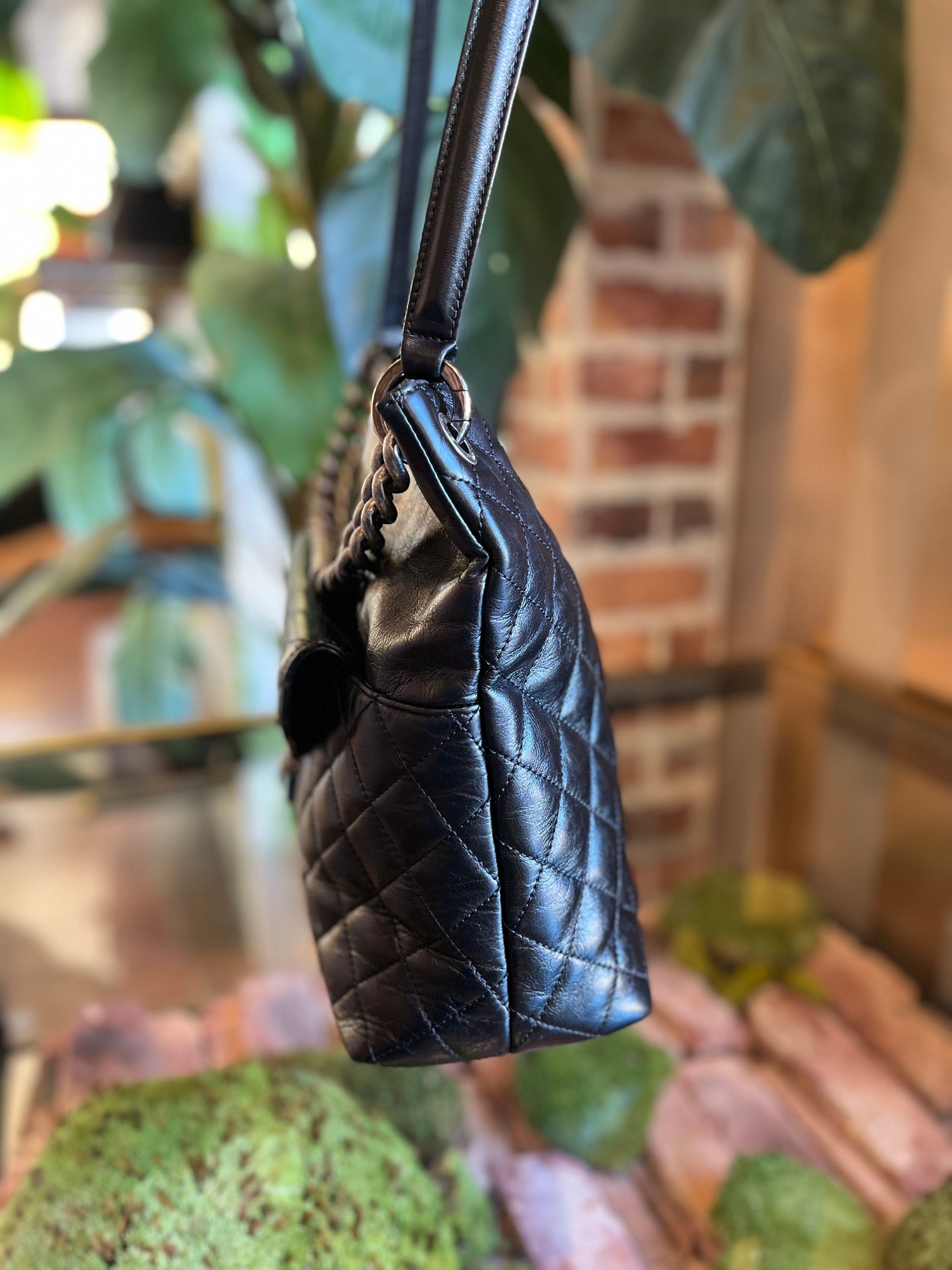 CHANE Black Aged Calfskin Quilted Small Gabrielle Hobo