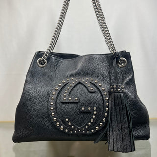 GUCCI Medium Soho Chain Black Pebbled Calfskin Studded Shoulder Bag