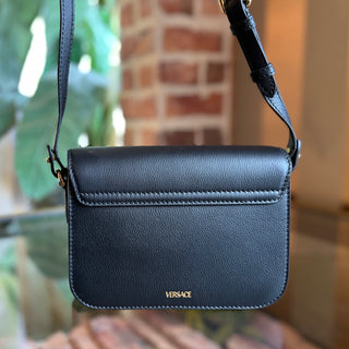 VERSACE Black Medusa Grained Calfskin Flap Shoulder Bag