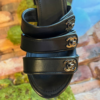 CHANEL Black Leather CC Turn Lock Block Heel Sandals SZ 39.5 (US 9.5)
