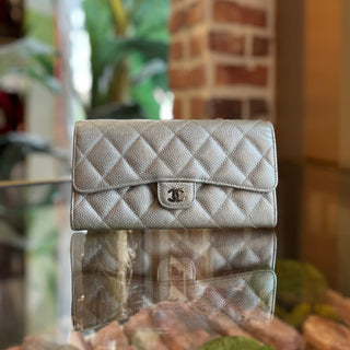 CHANEL Classic Silver Metallic Quilted Flap Wallet