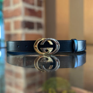 GUCCI Interlocking G Two Tone Buckle Black Leather Belt SZ 75/30