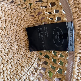 PRADA Natural Raffia Crochet Logo Bucket Hat SZL