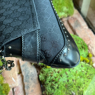 GUCCI Horsebit East-West Pochette Black GG Monogram Canvas Shoulder Bag