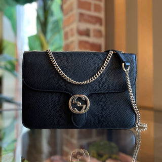 GUCCI Medium Black Interlocking G Dollar Calfskin Leather Shoulder Bag