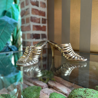 FERRAGAMO Jessa Metallic Gold Leather Caged Heels SZ 6