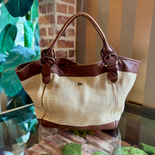 BURBERRY Leather-Trimmed Straw Tote