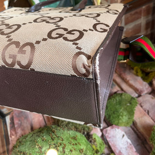 GUCCI Beige Monogram Jumbo GG Textured Dollar Calfskin Web Tote