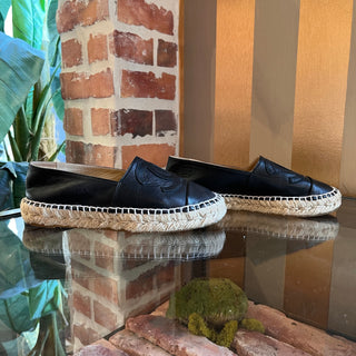 CHANEL CC Black Leather Espadrilles SZ 36 (US 6)
