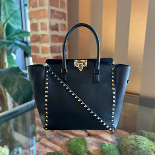 VALENTINO Black Smooth Calfskin Leather Rockstud Double Handle Tote Bag