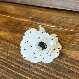 CHANEL Camellia Black White Polka Dot Fabric Pin Brooch