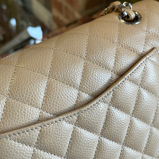 CHANEL Double Flap Small Beige Caviar Quilted Leather Shoulder Bag