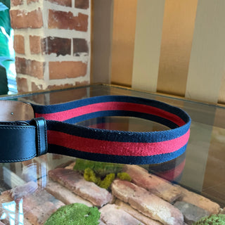 GUCCI Interlocking G Navy Blue & Red Web Stripe Canvas Belt SZ80/32(4US)