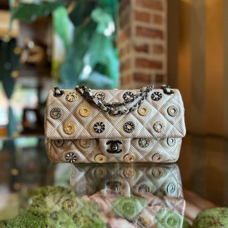 CHANEL Medium Paris-Dubai Medals Flap Bag Embellished Quilted Perforated Lambskin Leather Shoulder Bag