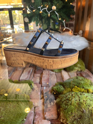 VALENTINO  Navy Blue Rockstud Cork Sandals SZ 37.5