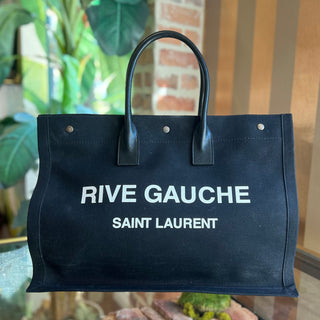 SAINT LAURENT Rive Gauche Black Linen Canvas Calfskin Tote Bag