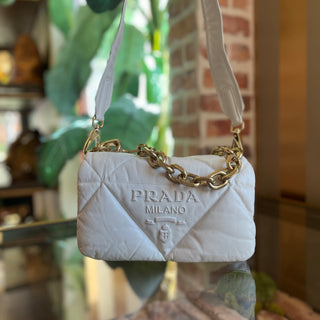 PRADA System Flap Small White Nappa Patchwork Quilted Leather Shoulder Bag