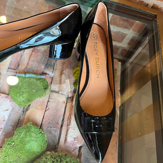 TORY BURCH T Logo Black Patent Leather Heels SZ 8.5