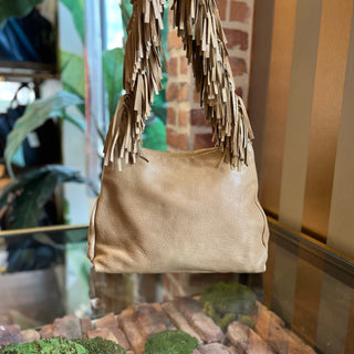 PRADA Beige Cervo Leather Fringe Strap Shoulder Bag