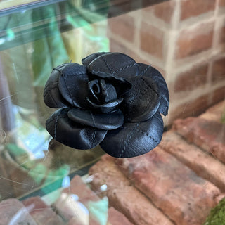 CHANEL Leather Camelia Brooch Pin