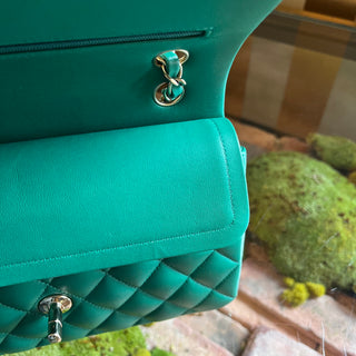 CHANEL Small Classic Double Flap Green Lambskin Quilted Shoulder Bag