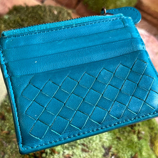 BOTTEGA VENETA Teal Intrecciato Woven Leather Card Case