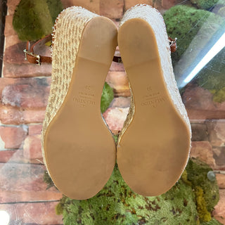 VALENTINO Rockstud Brown Leather Glitter Espadrille Wedges SZ 39 (US 9)