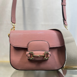 GUCCI 1955 Horsebit Small Pink Lizard Skin Shoulder Bag