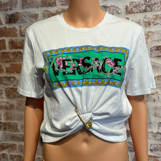 VERSACE Logo Printed Sequin Embellished Saftey Pin Crop Top SZL