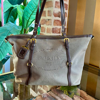 PRADA Logo Jacquard Brown Canvas Tote