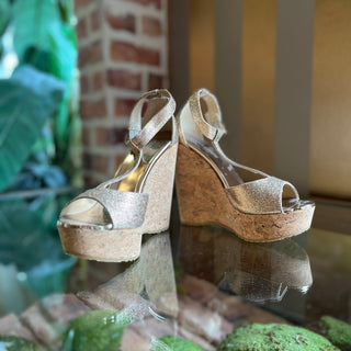 JIMMY CHOO Rose Gold Glitter Cork Wedges SZ 35 (US 5)