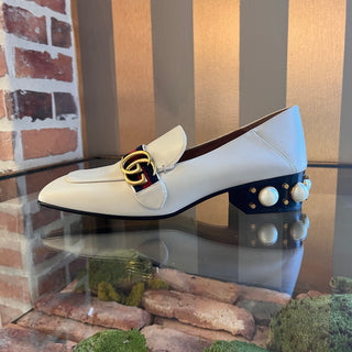 GUCCI White Leather Sylvie Accent Loafers SZ 39.5 (US 9.5)