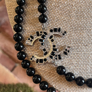 CHANEL CC Crystal Embellished Black Faux Pearl Necklace
