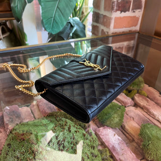 SAINT LAURENT Envelope Wallet On Chain Black Triquilt Grain De Poudre Leather Crossbody