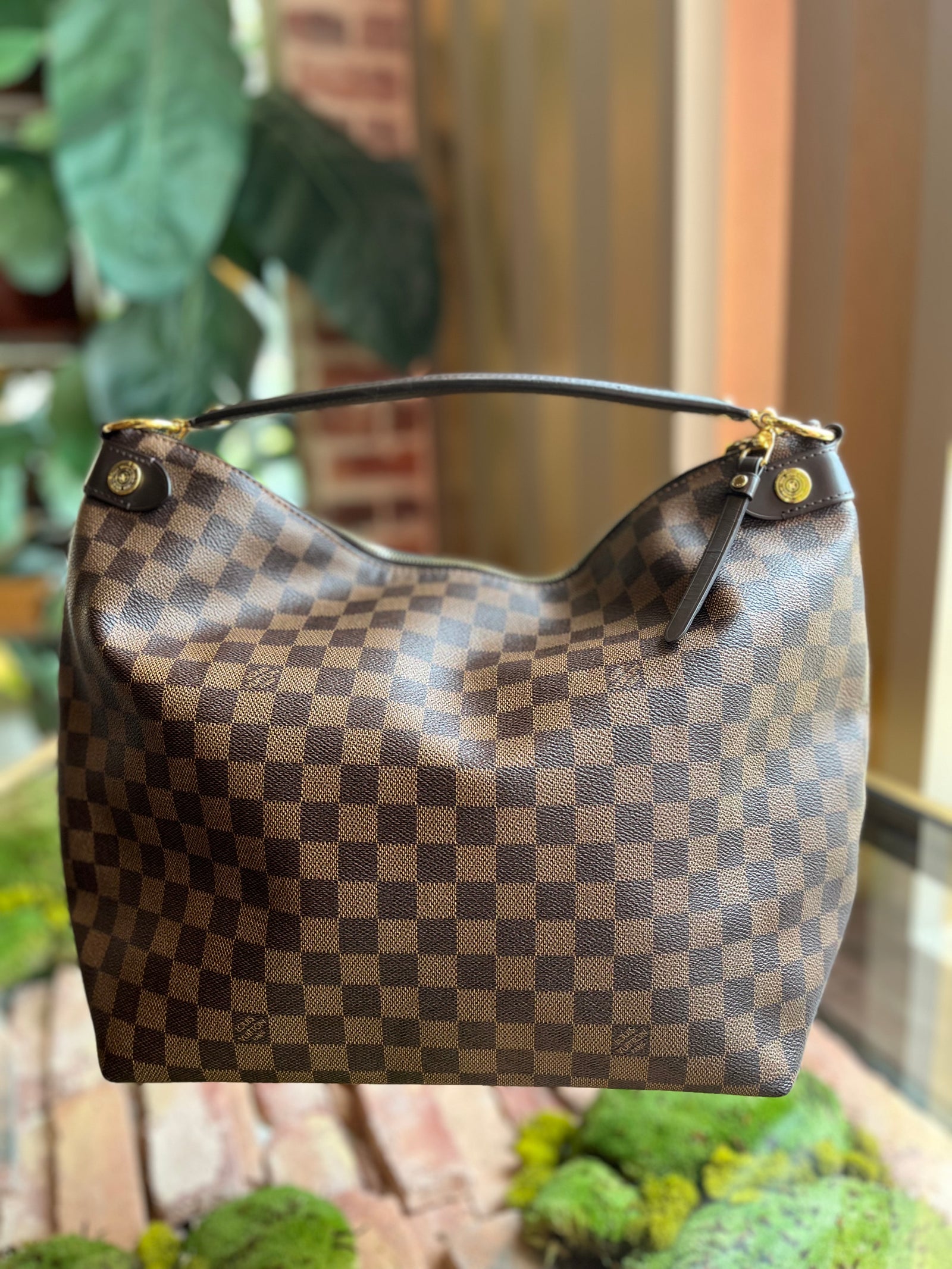 Louis Vuitton - Brown & Beige Leather Monogram Print Rectangle Crossbo –  Current Boutique