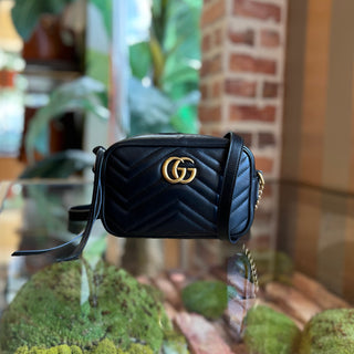 GUCCI Marmont Mini Black Chevron Calfskin Leather Camera Crossbody