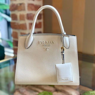 PRADA White Saffiano Cuir Leather Monochrome