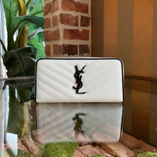 SAINT LAURENT Black White Grain De Poudre Chevron Quilt Wallet