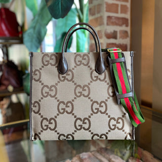 GUCCI Beige Monogram Jumbo GG Textured Dollar Calfskin Web Tote