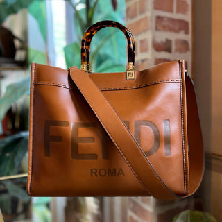 FENDI Sunshine Shopper Medium Brown Smooth Calfskin Embossed Leather Tote