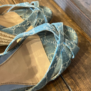 GUCCI Light Blue GG Denim Open Toe Espadrille Wedges SZ40.5(10.5US)