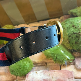 GUCCI Interlocking G Navy Blue & Red Web Stripe Canvas Belt SZ80/32(4US)