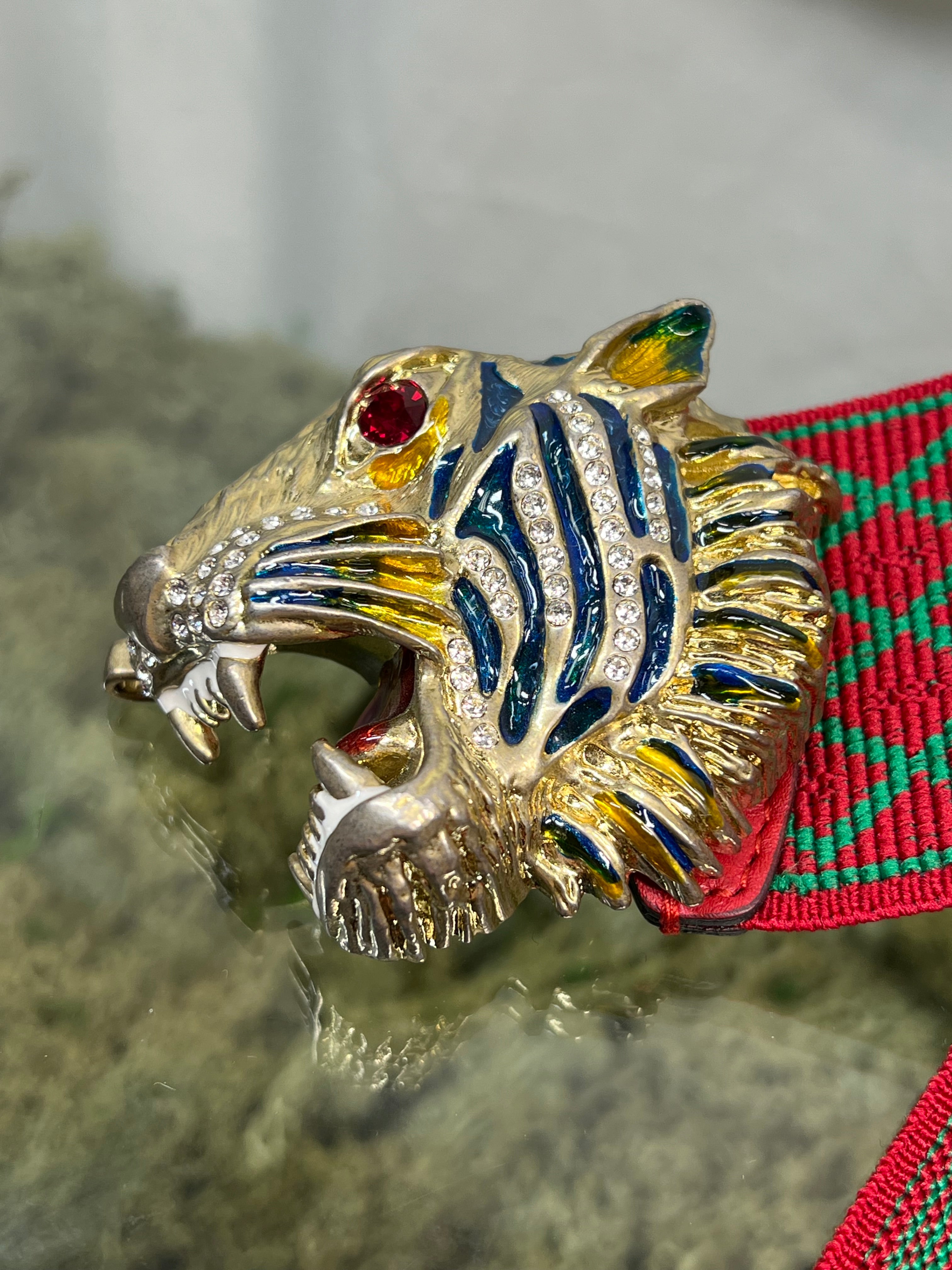 GUCCI Feline Diamond Tiger MultiColor Elastic Belt 85/34