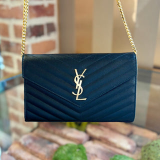 SAINT LAURENT Chevron Cassandra Black Wallet on Chain